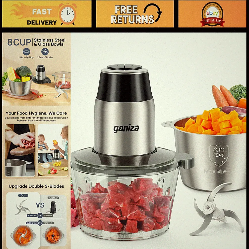 High-Power 450W Food Processor with 2 Bowls, Meat Grinder & Vegetable Chopper
