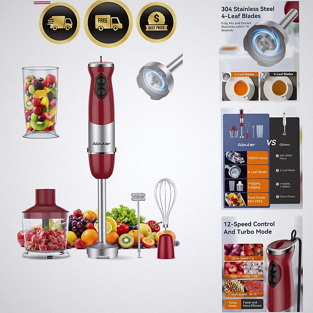 Immersion Blender Handheld 1000W 5 in 1 Corded Stick Hand Blender Kitchen wit...