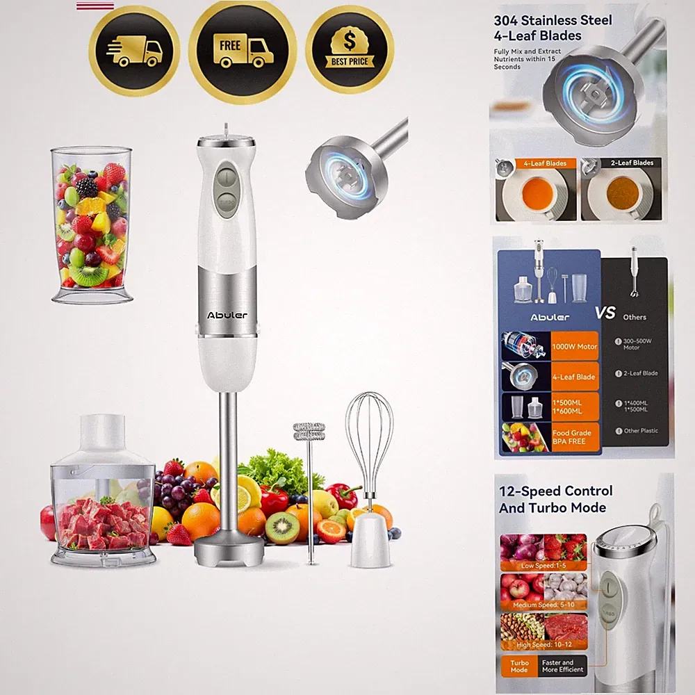 Immersion Blender Handheld 1000W 5 in 1 Corded Stick Hand Blender Kitchen wit...