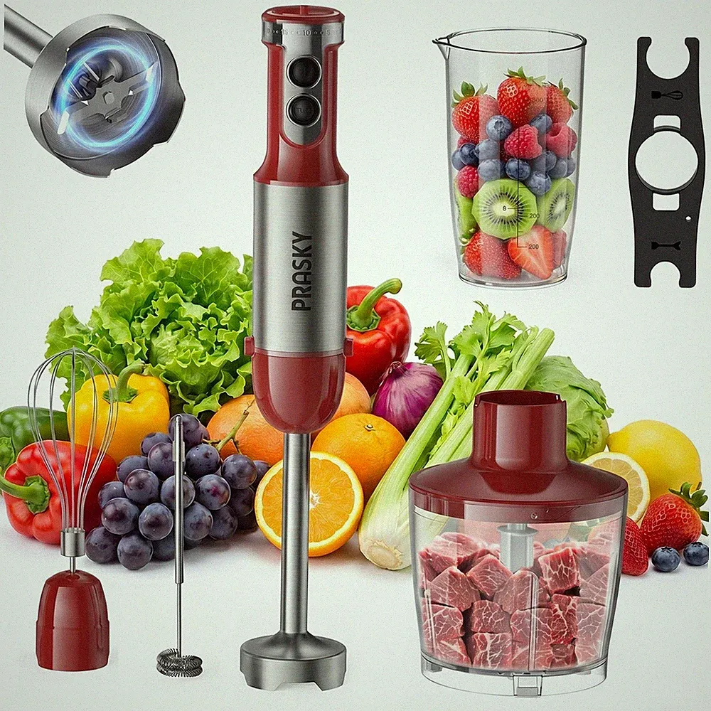 Immersion Blender Handheld 1200W 5-in-1 20 Speeds Stainless Steel Red