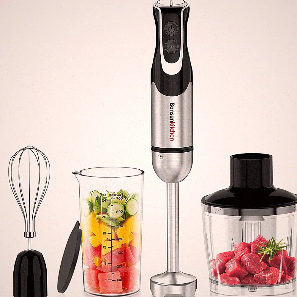 Immersion Blender Handheld 4-in-1 Food Processor Whisk Beaker Chopper 12 Speed