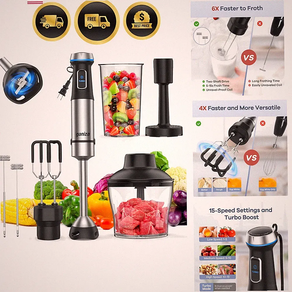 Immersion Blender Handheld 6 in 1 Stainless Steel 15 Speed Electric
