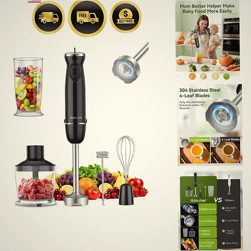 Immersion Blender Handheld Hand Blender, 1000W 5 in 1 Hand Mixer Stick, BPA-F...