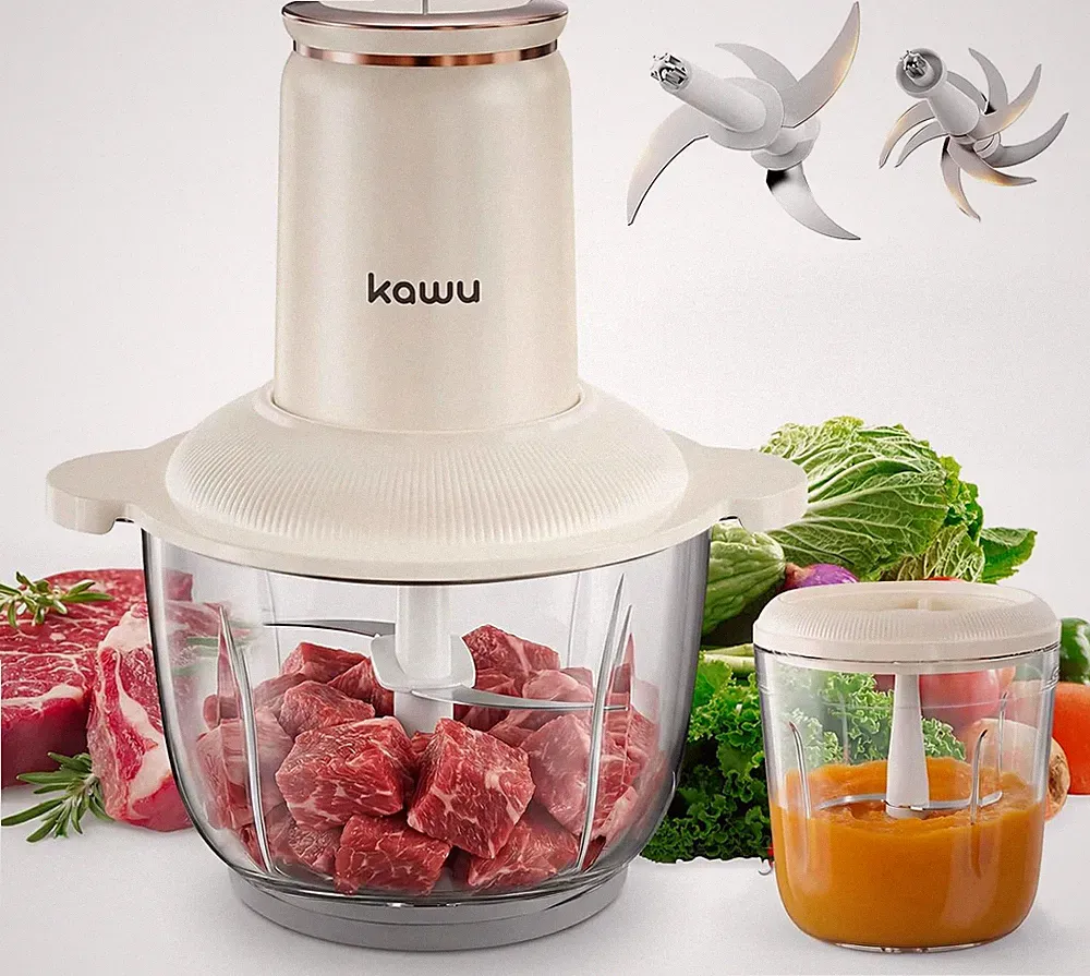 Kawu Electric Food Processors, 300W Food Chopper with 2 Bowls (8 Cup+1 Cup), 2 S