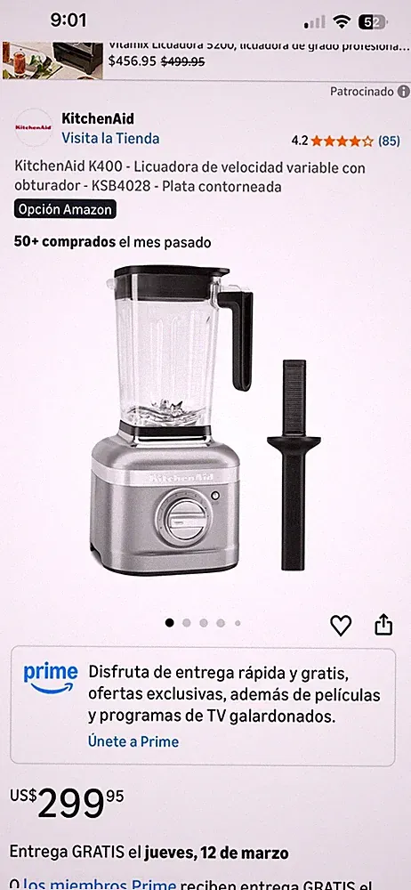 KitchenAid K400 KSB4028 Countertop Blender Silver Variable Speed Tamper Included