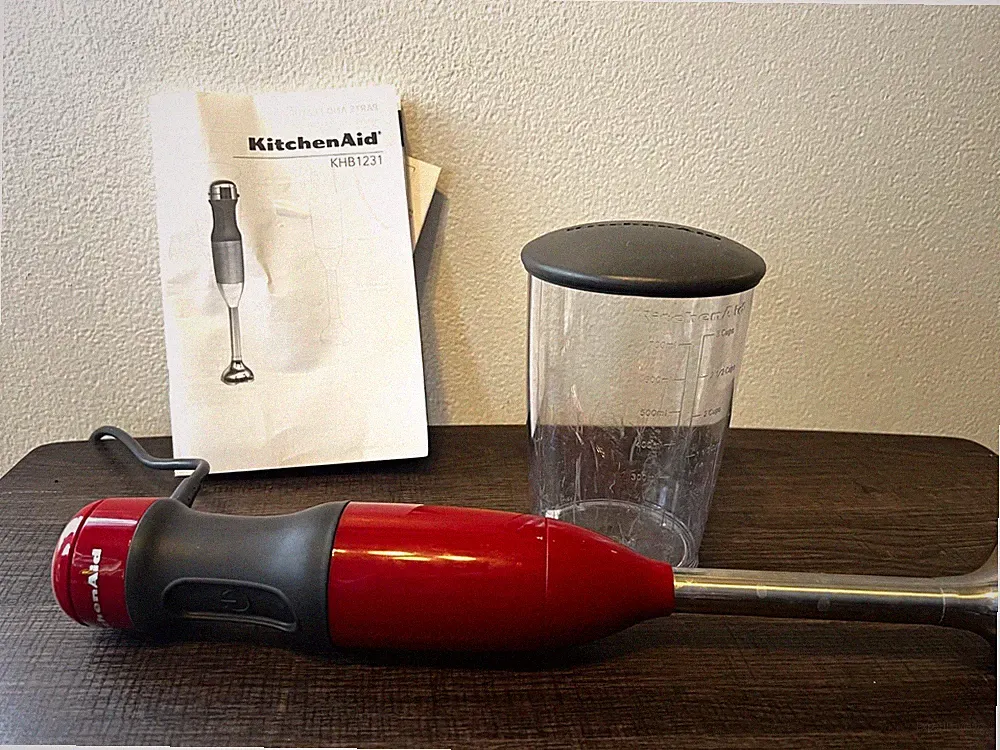 KitchenAid KHB1231 120W Immersion Handheld Blender Red w/ Beaker, Lid