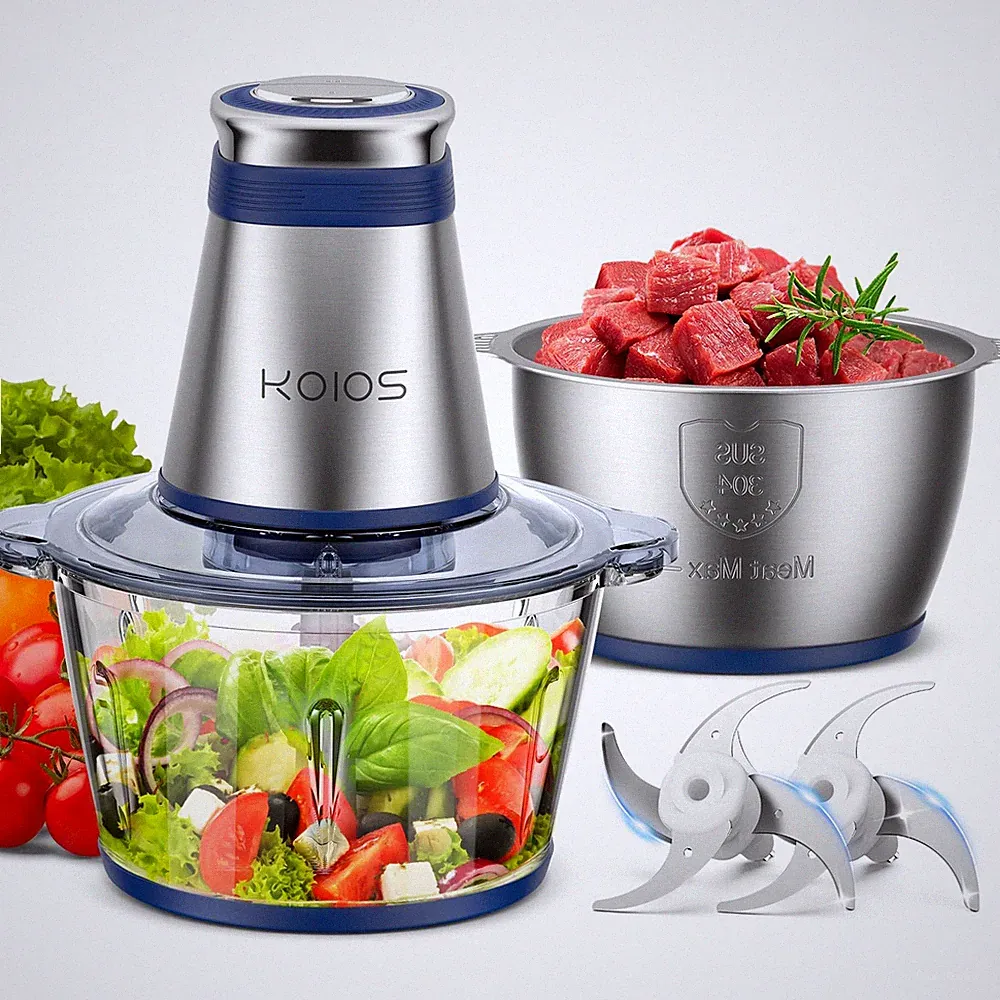 KOIOS 500W Electric Food Processor Chopper 2 Bowls 8-CupMeat Grinder Mincer Blue