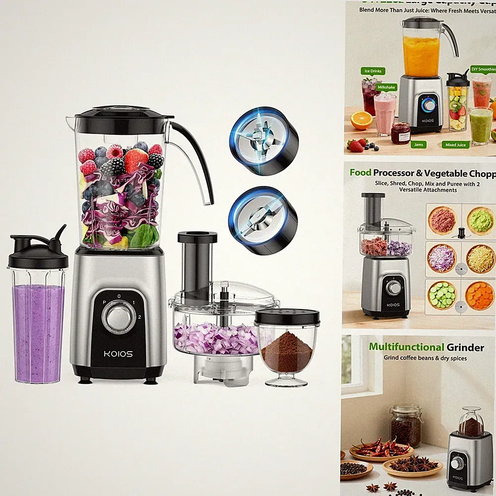 KOIOS Blender/Food Processor Combo Max 1000W, 4 In 1 34oz Pitcher, 22oz