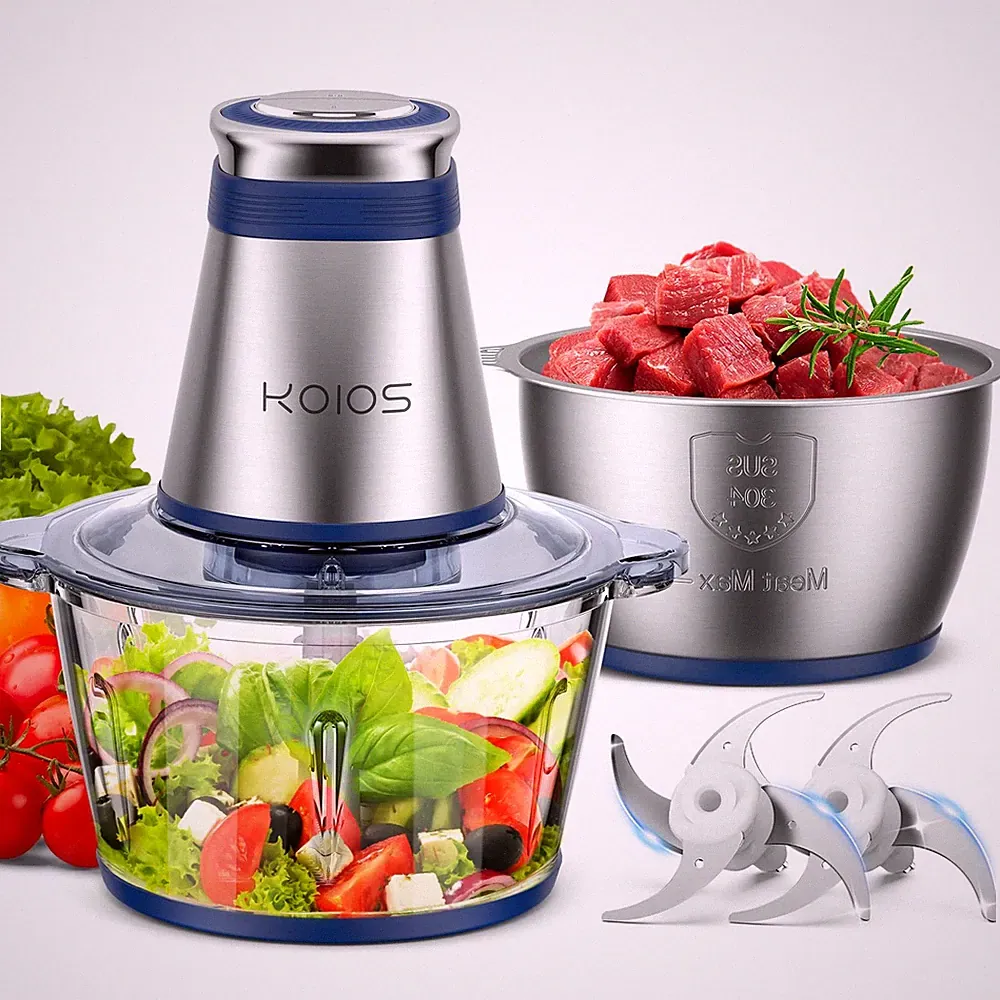 KOIOS Food Processor, 500W Electric Chopper with 2 Bowls (8 Small, Blue