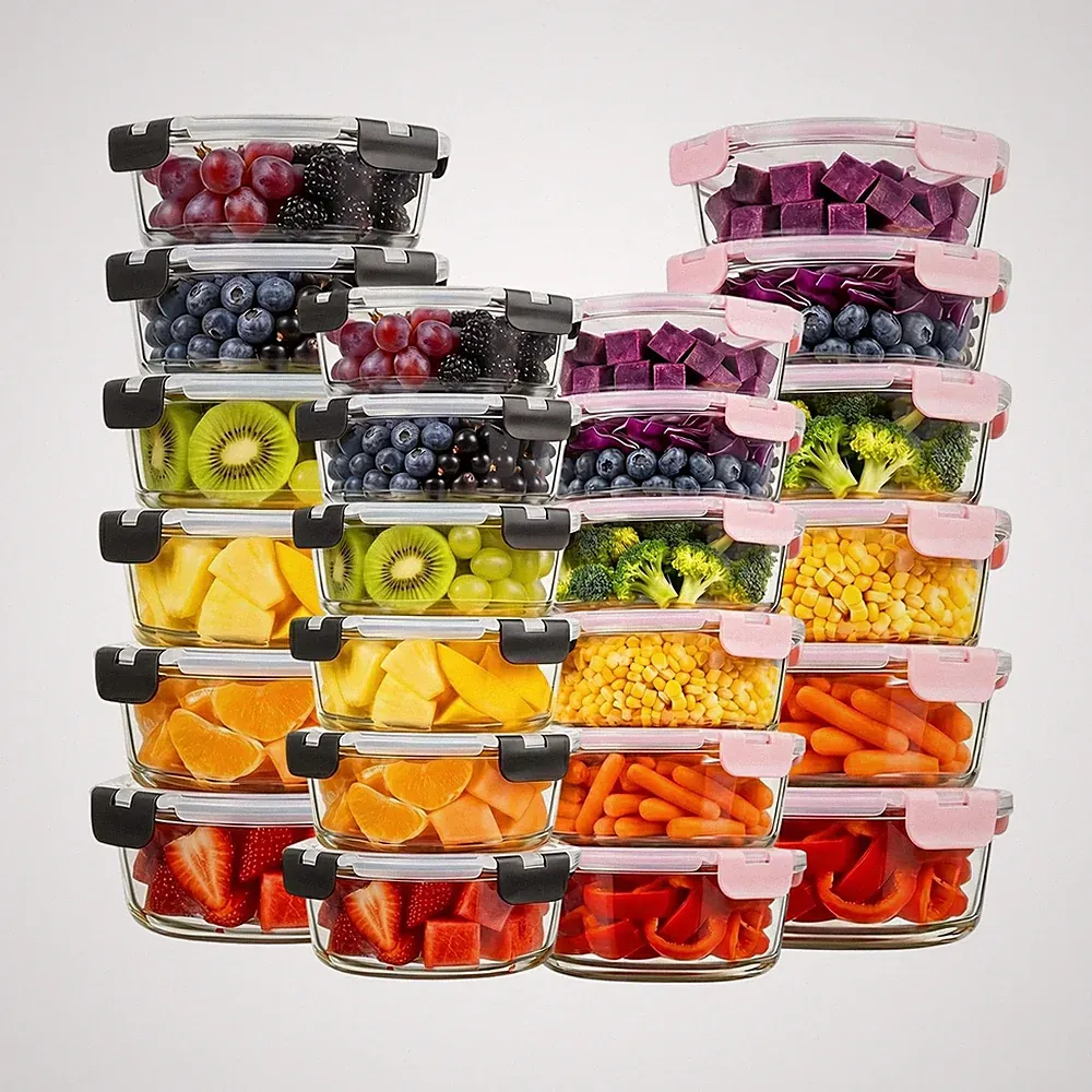 Konokyo 24 Pack Round Glass Food Storage Containers with Lids, 12 Pink + 12 B...