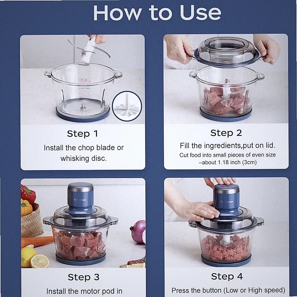 La Rêveuse LARB4016 7-Cup Food Processor 300W Blue Glass Bowl Dishwasher Safe