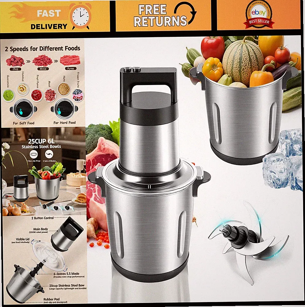 Large Capacity 6L Electric Food Processor & Meat Grinder, 1200W, 2 Speed, 6 Blad
