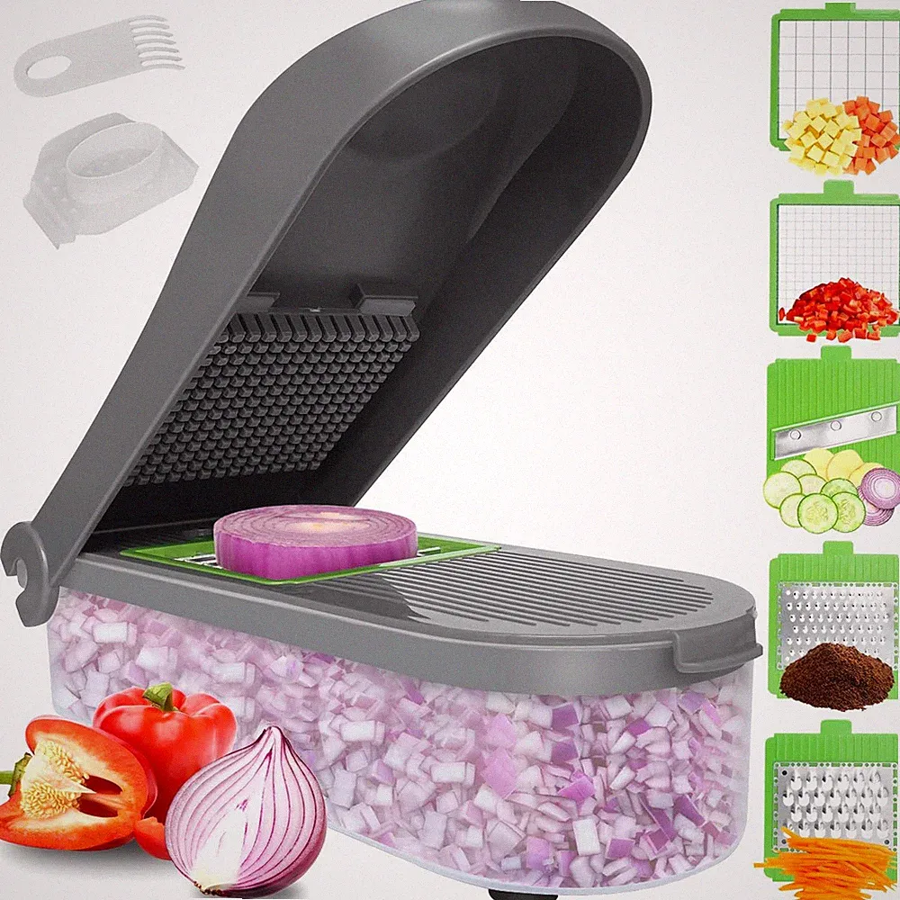 LHS Manual Food Processor Large Vegetable Chopper, 1003ML Pull 7 in 1, Gray