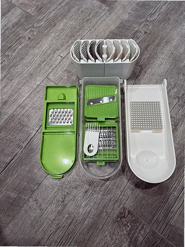 LHS Multi-Blade Manual Food Chopper with Container & Cleaning Tool, Green White