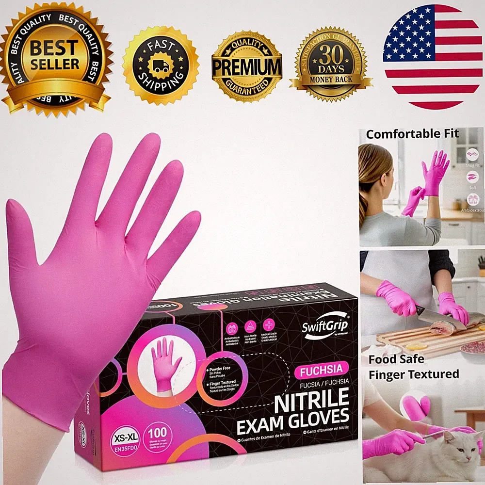 Lightweight 3-Mil Fuchsia Disposable Nitrile Gloves - Safe, Stretchable, 100 CT