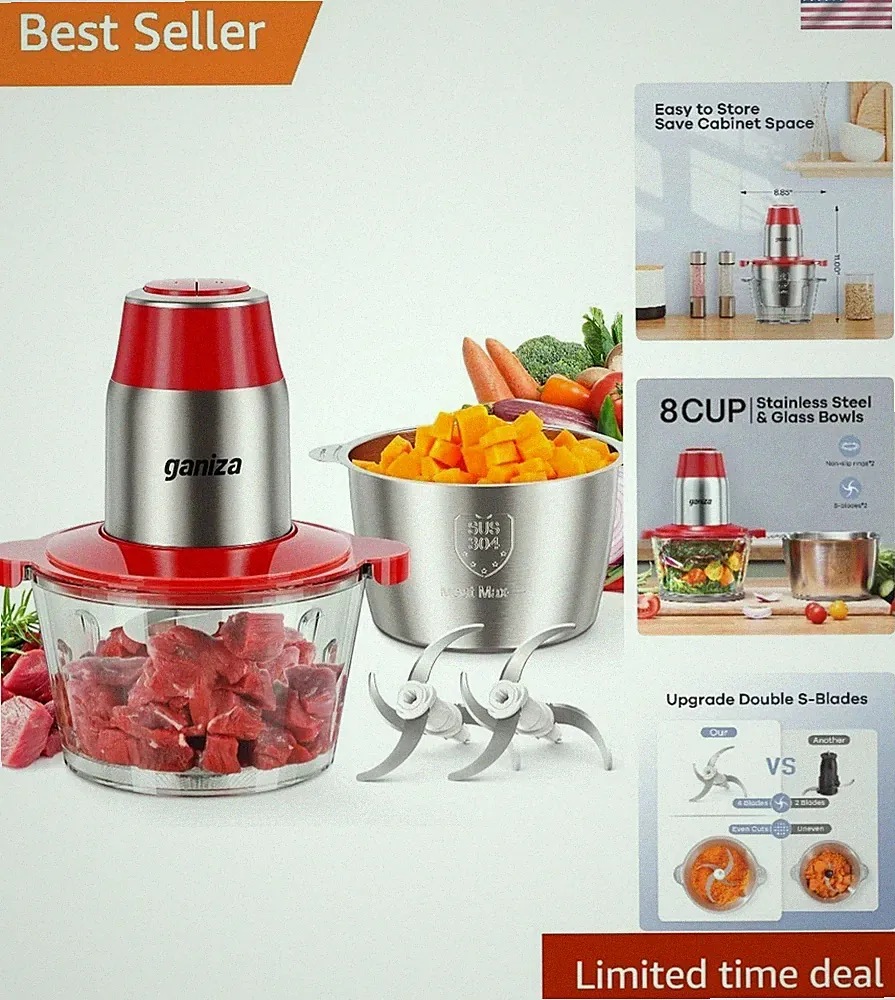 Luxury Electric Food Processor & Meat Grinder with 2 Bowls - 450W Power in Red
