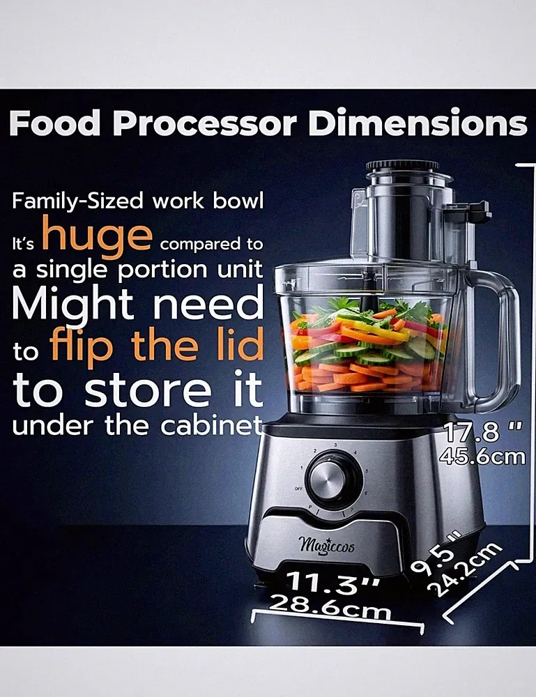 Magiccos 14 Cup Food Processor Wt Storage Drawer for Blades, Inox Silver, XL Bow