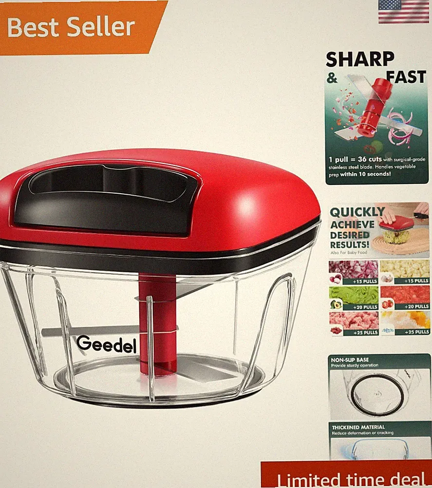 Manual 2-Cup Red Food Processor Pull Chopper – Stainless Steel Blades, Anti‑Slip