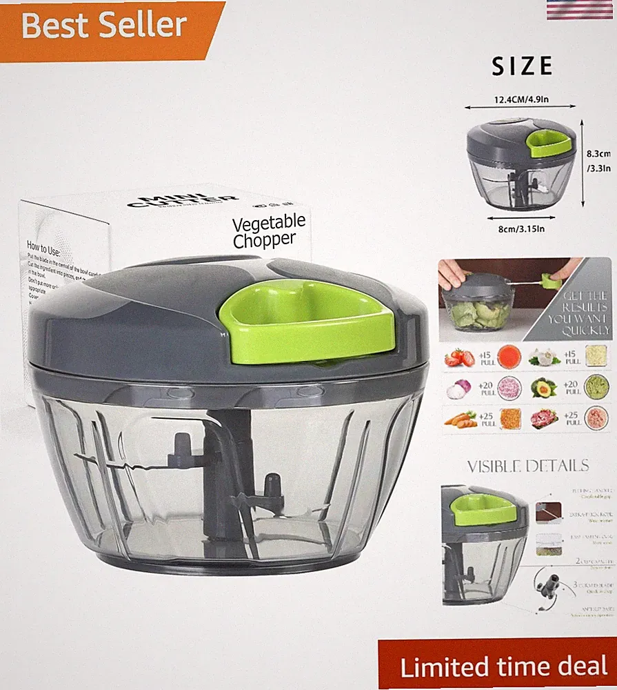 Manual 500ml Hand Pull Food Processor – Gray, Stainless Steel Blades, Adjustable