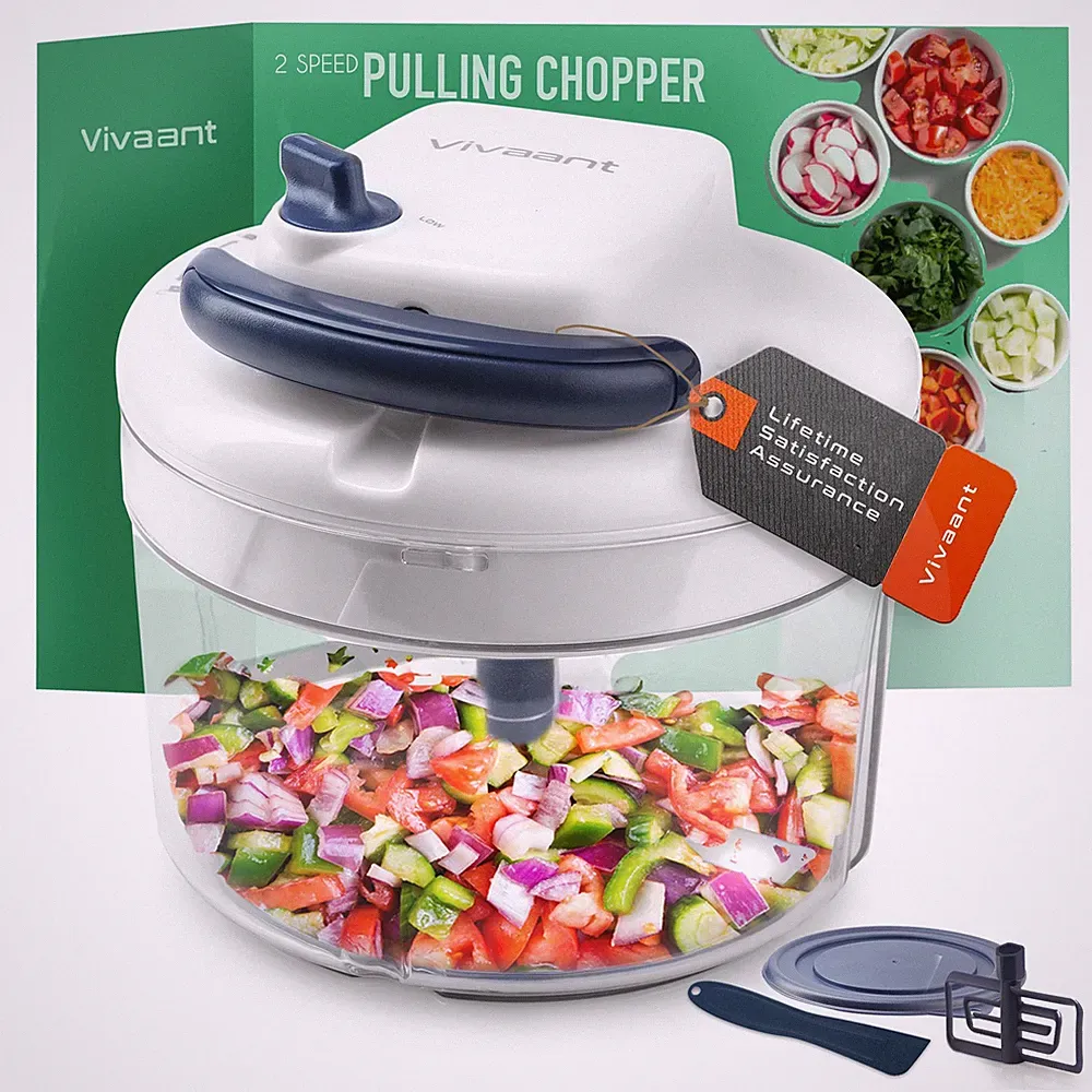 Manual Food Processor - 5 Cup (1.2L) Capacity Hand Pull String Garlic Chopper...