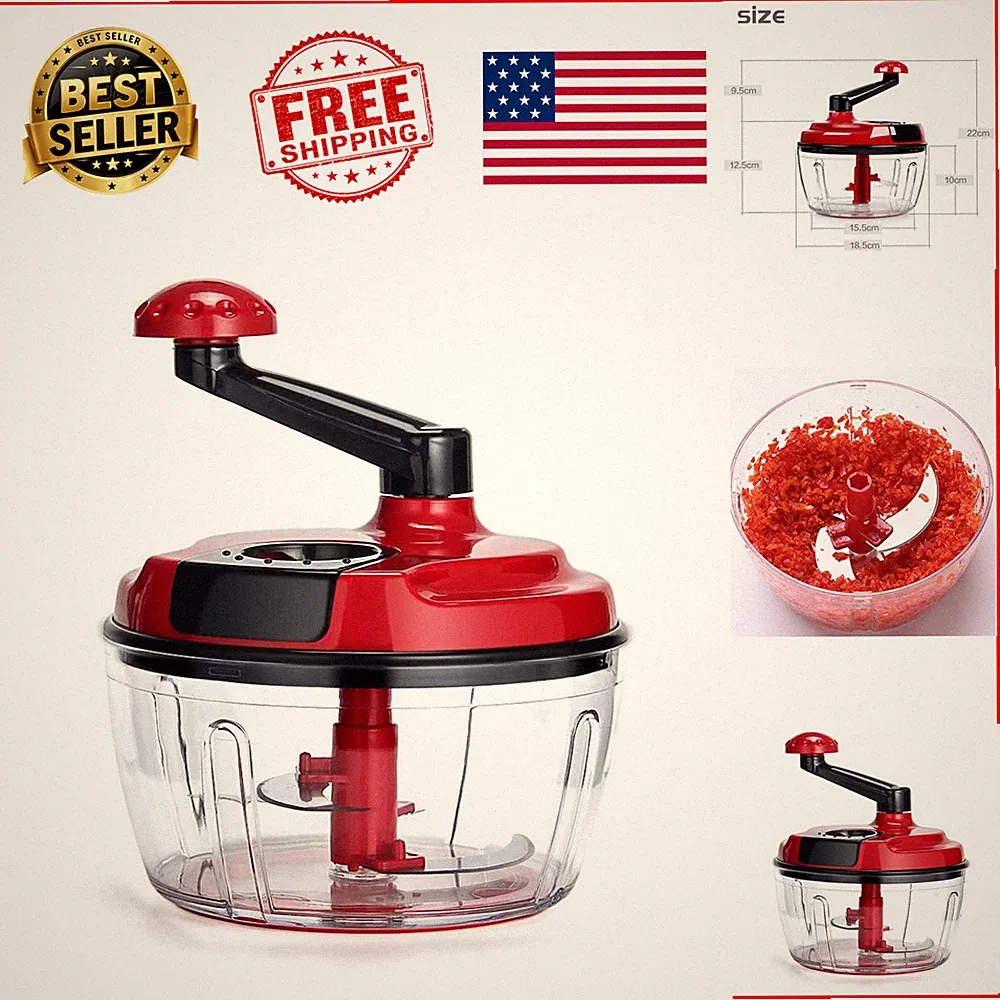 Manual Food Processor 8-Cup Hand Crank Chopper Mincer Steel Blades Red Onion