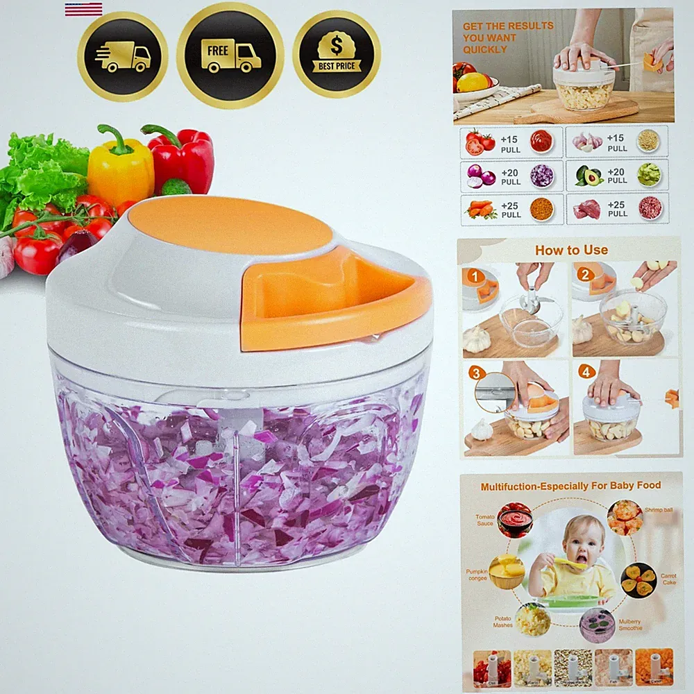 Manual Food Processor & Vegetable Chopper, Hand Pull String Garlic Mincer Oni...