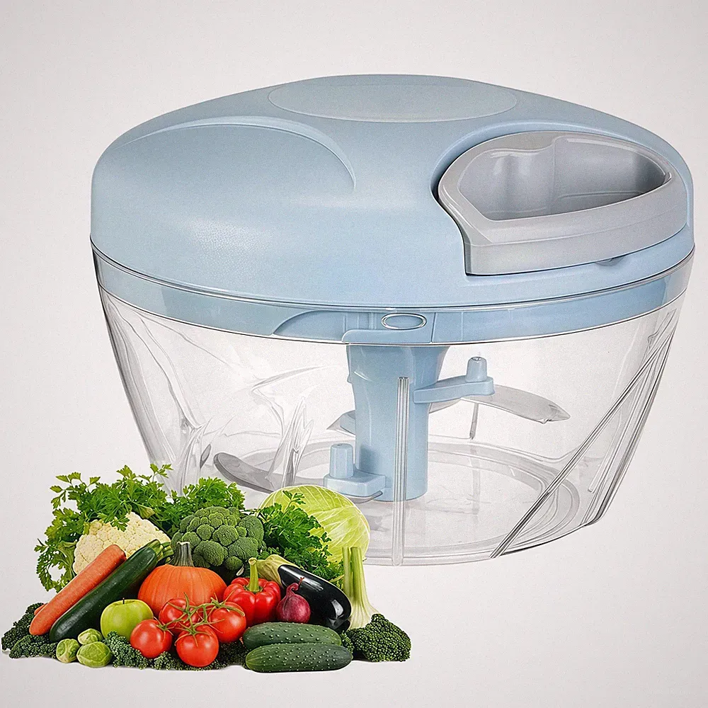 Manual Food Processor Vegetable Chopper, Portable Hand Pull 500ml, Blue