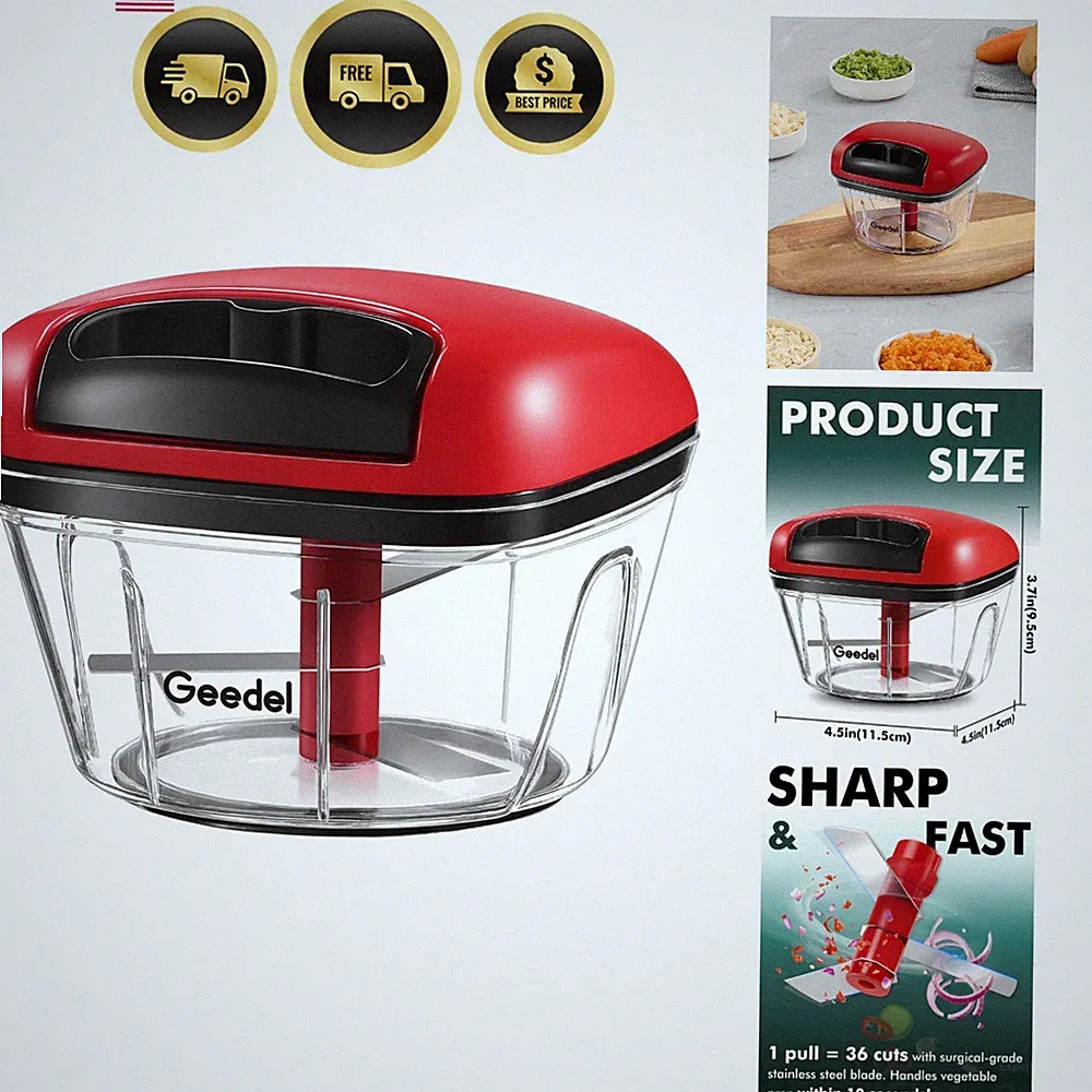Manual Food Processor Vegetable Cutter, Pull Chopper with String, Food Choppe...