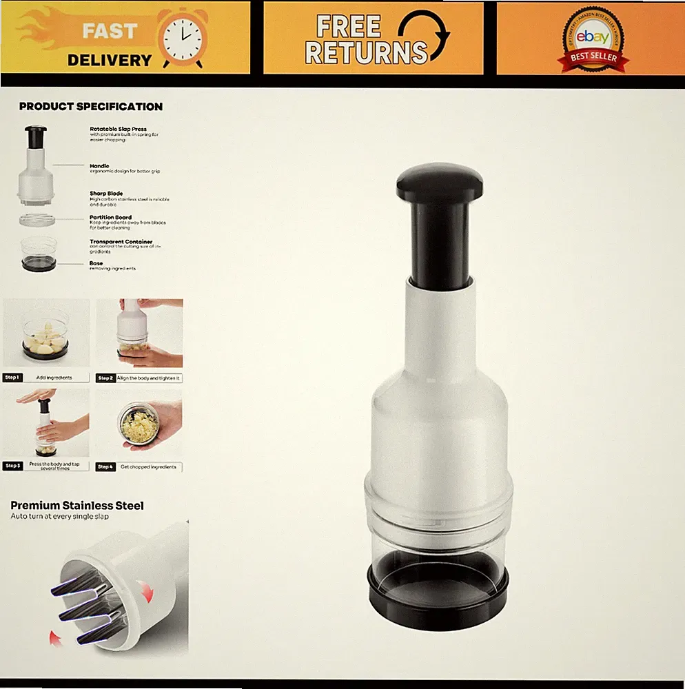 Manual Vegetable Chopper & Food Processor - Handheld Garlic Onion Cutter for Veg