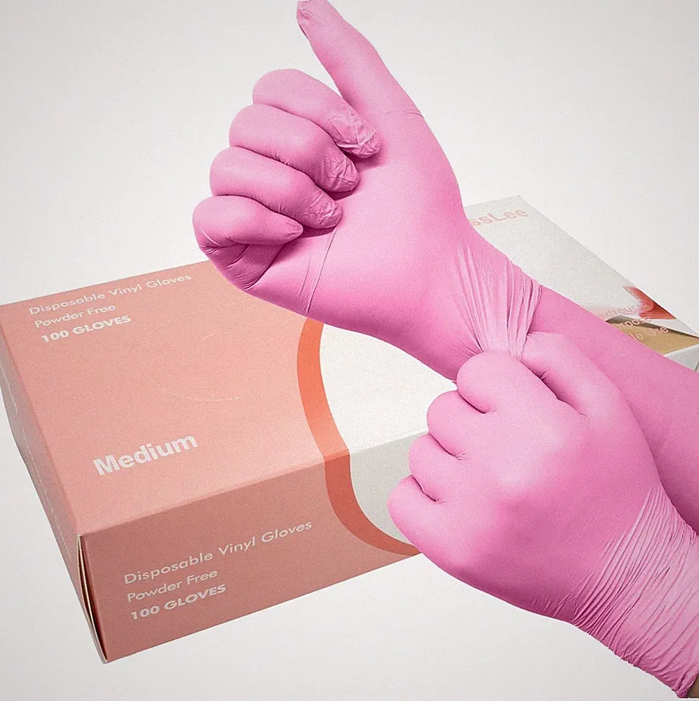 Medium, Kitchen Use, Food Prep, 100 Pack Pink Vinyl Disposable Gloves - Latex
