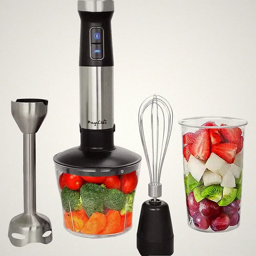 MegaChef 4-in-1 Multi-Purpose 2-Speed Stainless Steel Immersion Blender,Chopper