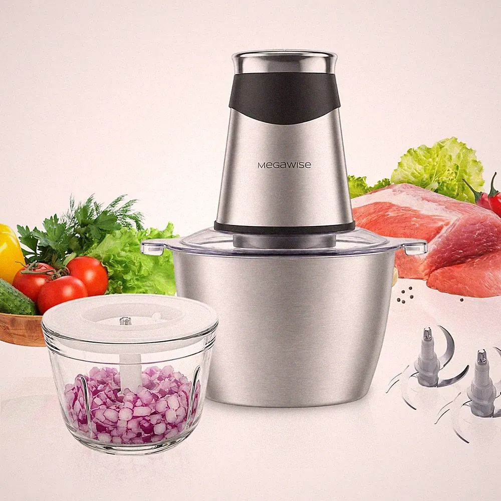 MEGAWISE AMJ-217A 0.6L+1.2L Food Processor 800W Glass & Stainless Steel Bowl