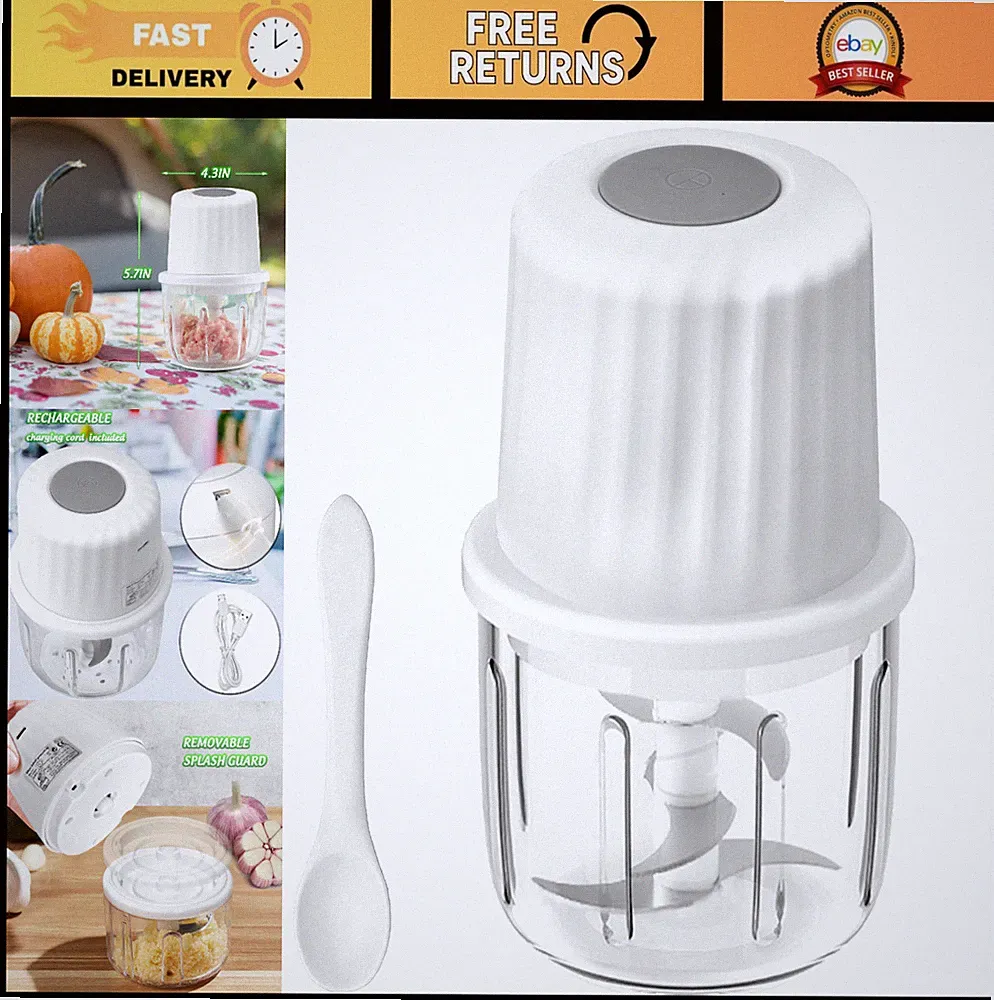 Mini Electric Garlic Chopper - Cordless USB Food Processor, 300ML Glass Bowl, 6