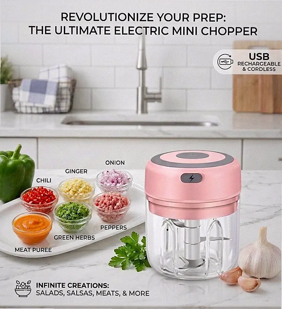 Mini USB Rechargeable Cordless Electric Mini Garlic Chopper Food Processor 250ML