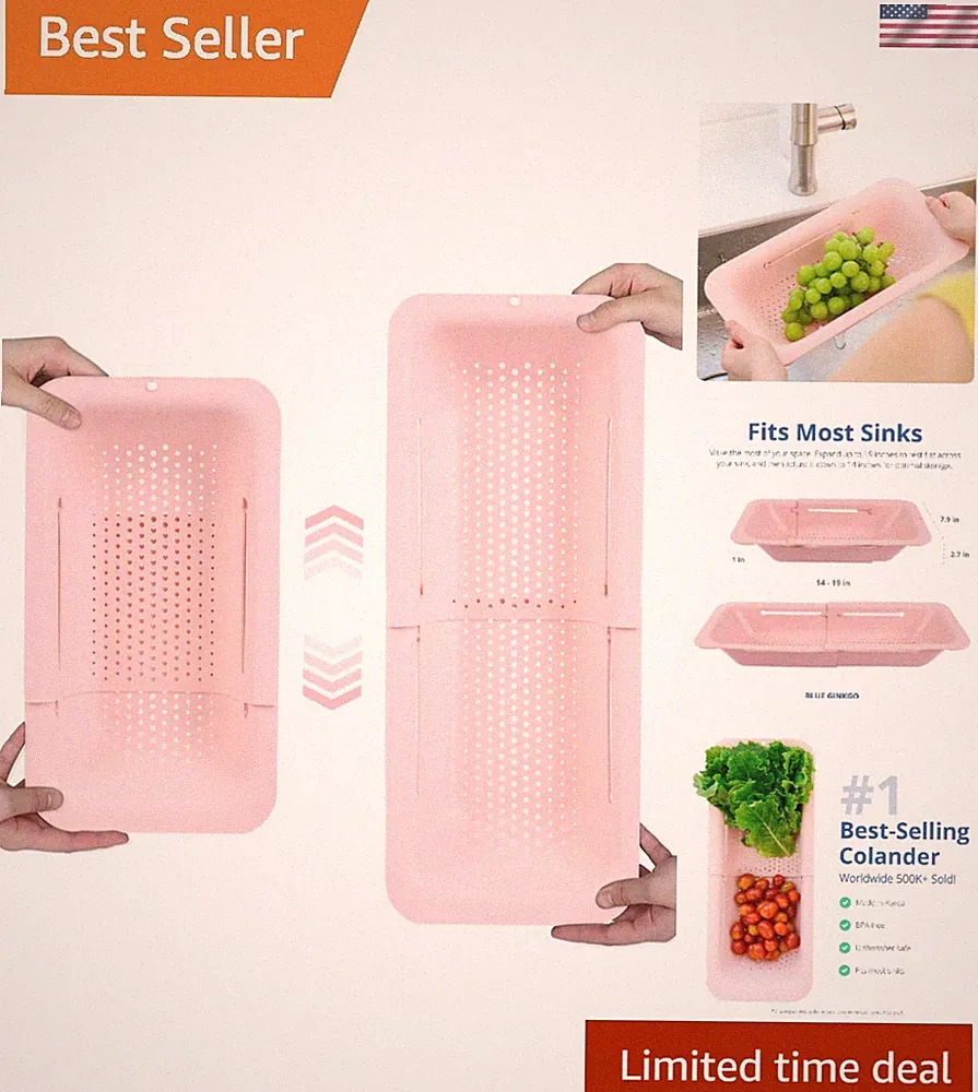 Modern Pink Colander Basket - Expandable Over-Sink Strainer for Easy Food Prep