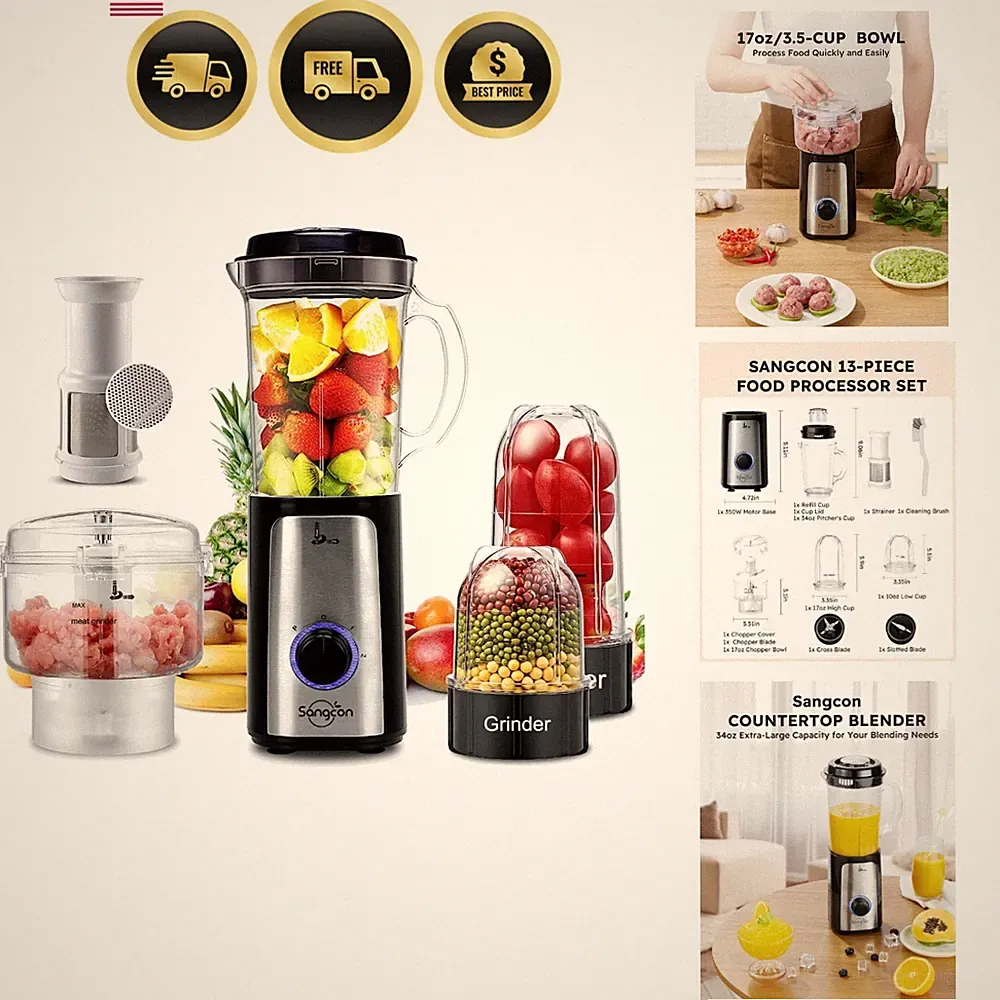 Multi-Function Blender Food Processor Combo for Kitchen Smoothies Juicing