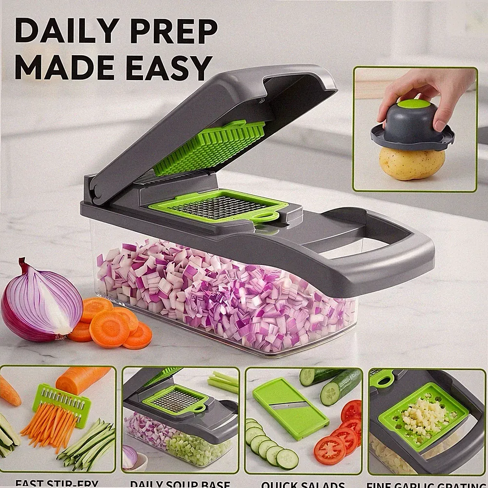 Multi Functional Push Food Chopper Slicer with Interchangeable Blades, Gray.