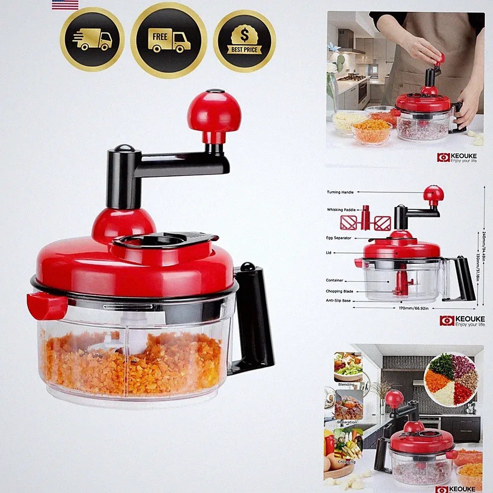 Multi-Functional Red Manual Food Processor for Quick Meal Prep & Easy Cleaning