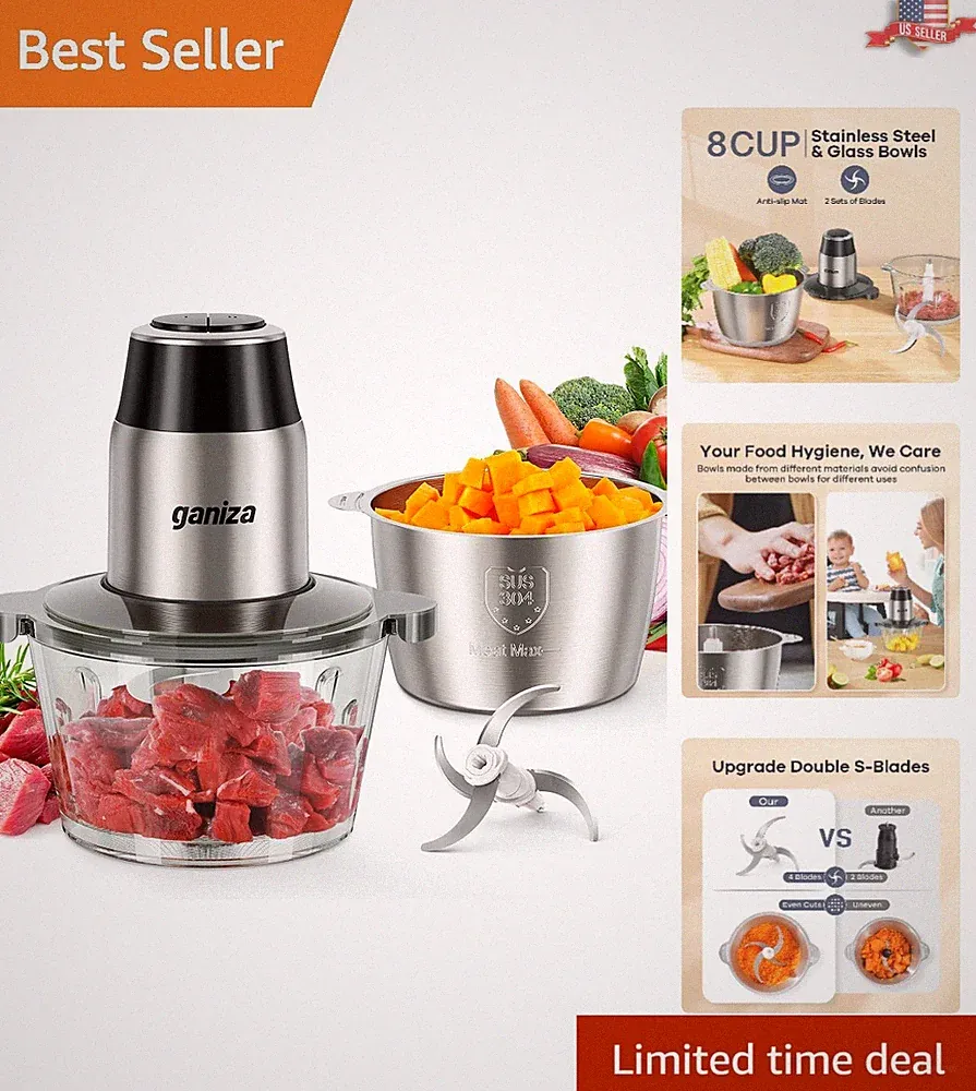 Multi-Purpose Food Processors - Meat Grinder, 2 Bowls, 450W Motor - 8 Cup