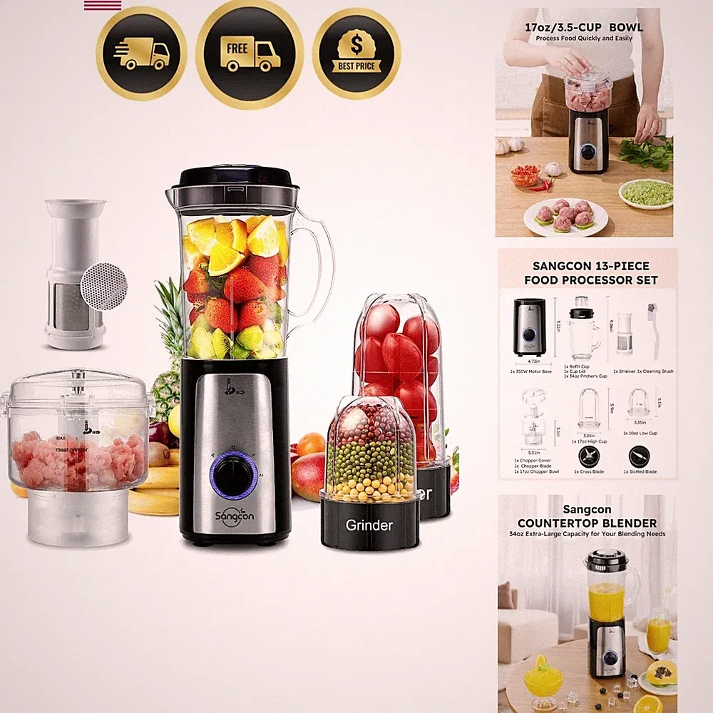 Multi Use Kitchen Blender Food Processor Combo for Smoothies and Chopping