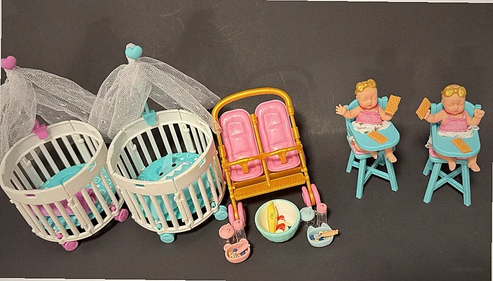 My Mini Baby & Make It Mini Baby Food-Pink Gold Twins Stroller & 20+ Items RARE