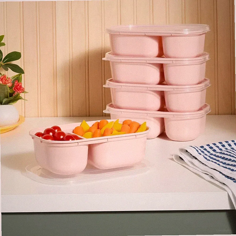 NEW 10pc (Set of 5) Divided Plastic Meal Prep Food Storage Container Set Pink