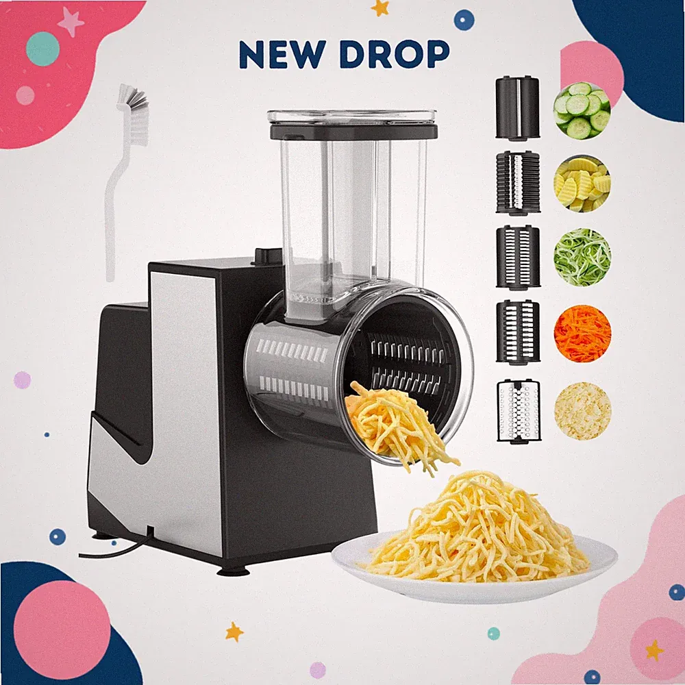 NEW 250W Electric Cheese Grater Slicer Shredder Salad Maker with 5 Blades