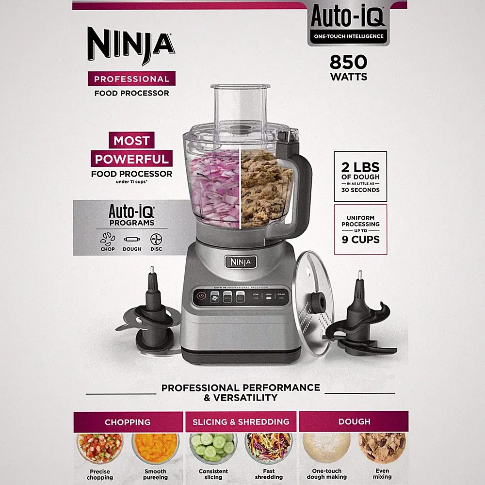 New Ninja Professional Food Processor 3-Auto-IQ 9-Cup Capacity Chop/Disc/Dough