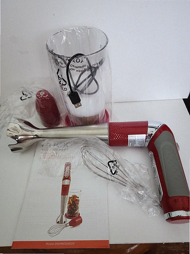 New Open Box 6 Piece Wolfgang Puck Turbo Immersion Blender 5 Speed Burgundy