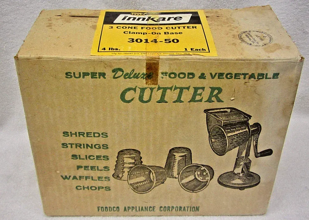 New Vintage INNKARE Clamp-On Food Processor Cutter Chopper Shredder 3 Cones NOS
