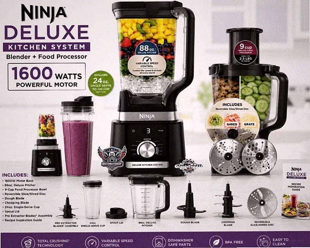 Ninja Deluxe Kitchen System Blender Food Processor 1600W Auto-IQ 88oz 9-Cup