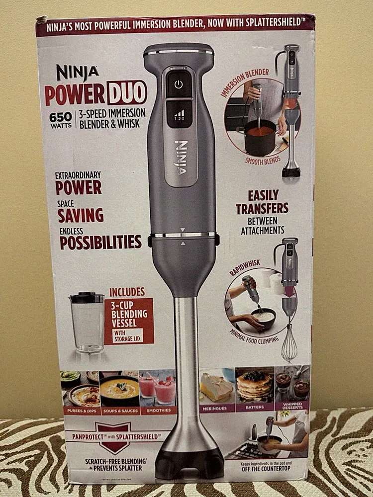 Ninja PowerDuo 650W 3-Speed Handheld Immersion Blender Whisk 3-Cup Lid