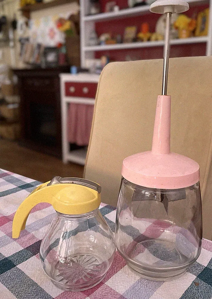 Nut or Food Chopper with Pink Lid & Syrup Bottle W/Yellow Lid MCM Vintage Kitch