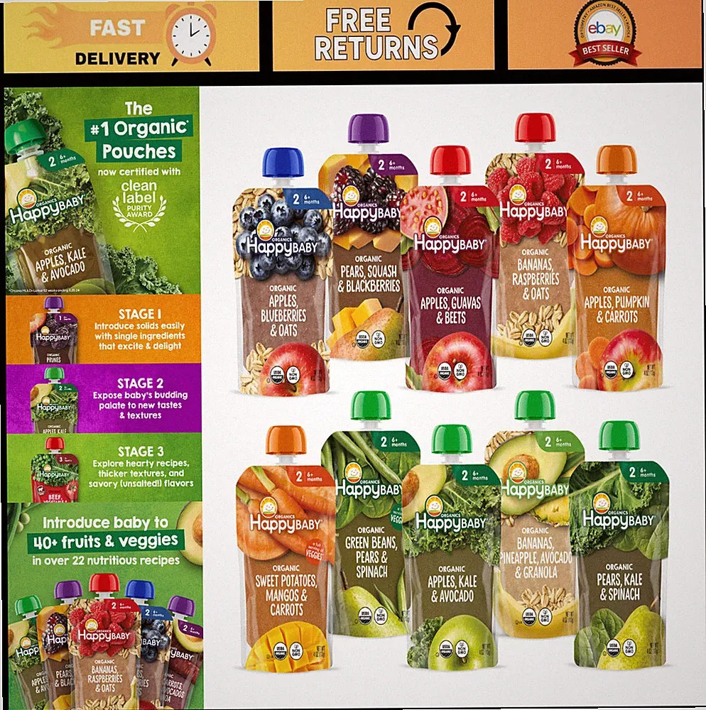 Organic Stage 2 Baby Food Pouches - Gluten Free, Vegan Fruit & Veggie Puree, 10